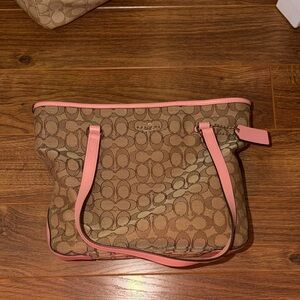 Coach Brown Canvas Tote with Pink Trim